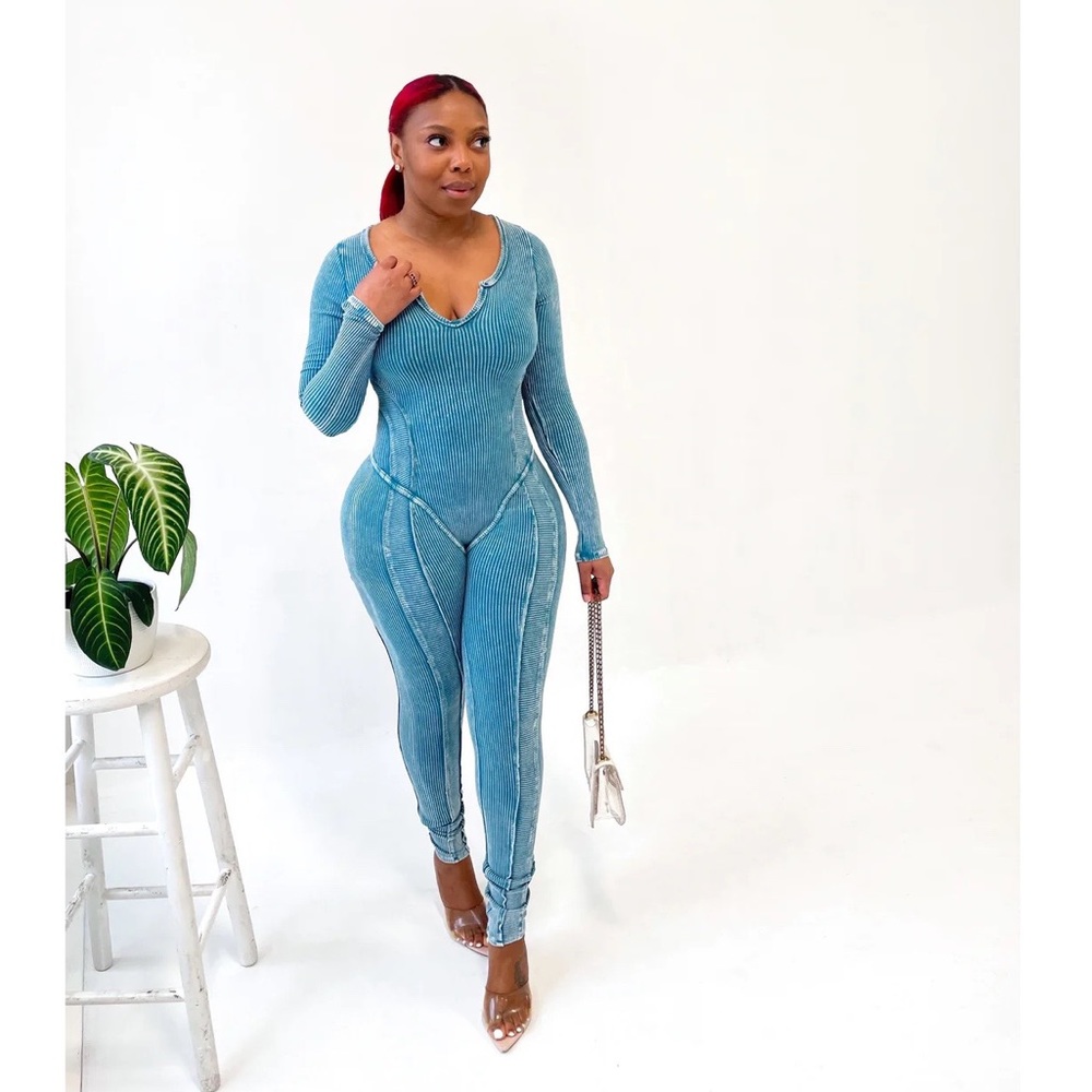 Ibiza Mineral Wash Long Sleeve Jumpsuit in Teal